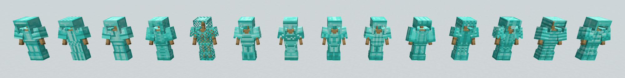 Every armor skin on one diamond suit — the plate itself changed, not something hung on it